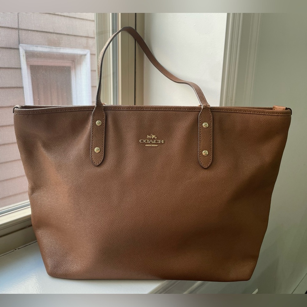 Coach F58846 City Zip Top Tote in a brown crossgrain leather finish